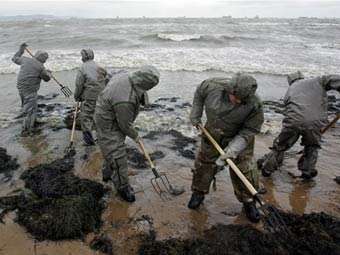 Спасатели МЧС очищают морской берег в районе порта Кавказ. Фото AFP