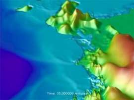 Визуальное представление симуляции последствий цунами, произошедшего 26 декабря 2004 года в районе Banda Aceh. Видно, как волна накрыла обширную часть побережья. Фото с сайта awi.de