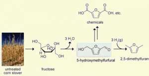 HMF может быть конвертирован в топливо или сырье для химической промышленности. Рисунок из JACS, 2009, DOI: 10.1021/ja808537j 
