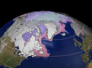 Это карта снежного покрова в Северной Америке и Европе 23 марта 2003 года, составленная по данным инструмента MODIS спутника НАСА Terra. Обозначены широты 30', 45', 60' и 75'. Северо-восток Северной Америки между 45' и 60' практически полностью покрыт снегом, а европейские области в тех же широтах его почти лишены. Показана также температура морской поверхности (по данным инструмента MODIS спутника НАСА Aqua): розовым цветом обозначены температуры от нуля до –15 C, фиолетовым — между –15 и –28, белым — ниже –28.