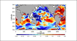 Области Мирового океана, ставшие более солёными, обозначены красным, более пресными — синим. (Изображение авторов работы.)