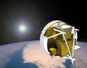 На рисунке изображен спутник ACE, проводящий наблюдение за Солнцем сквозь атмосферу Земли (иллюстрация ACE, University of Waterloo).