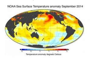  Карта температур воды на поверхности океана в сентябре 2014 года. Красным и коричневым обозначены аномалии © Timmermann et al.  