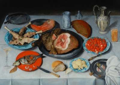 Якоб ван Хюльсдонк «Завтрак с куском рыбы, ветчины и вишни», 1614 / Wikimedia Commons